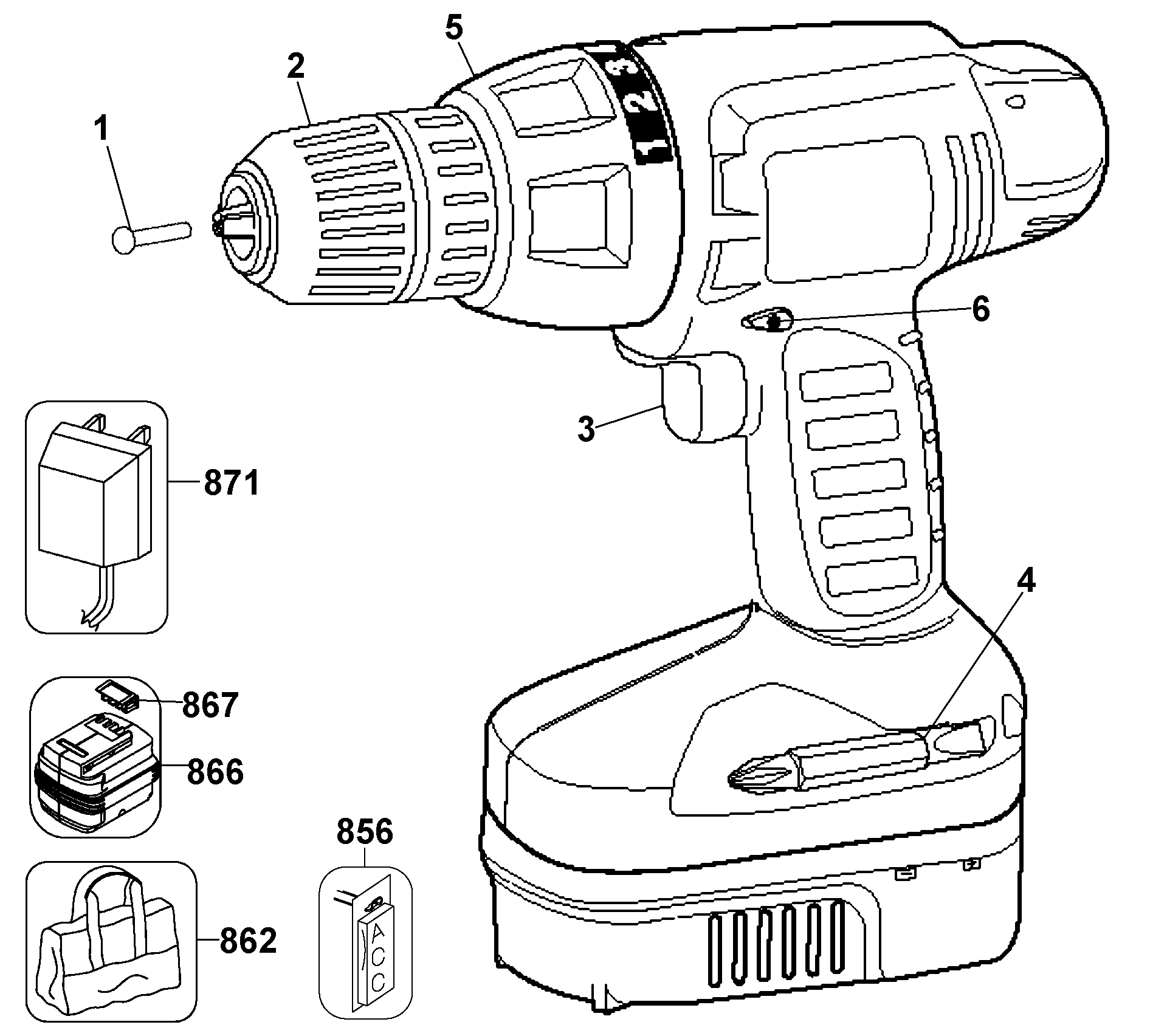 Default Diagram and Parts List for CD24SF-2 Type 1 Black and Decker Electric Drill